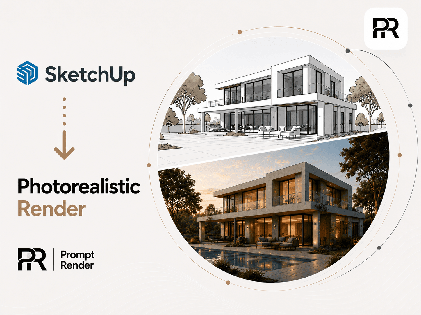 Modelo de SketchUp transformado en un render arquitectónico fotorrealista con PromptRender