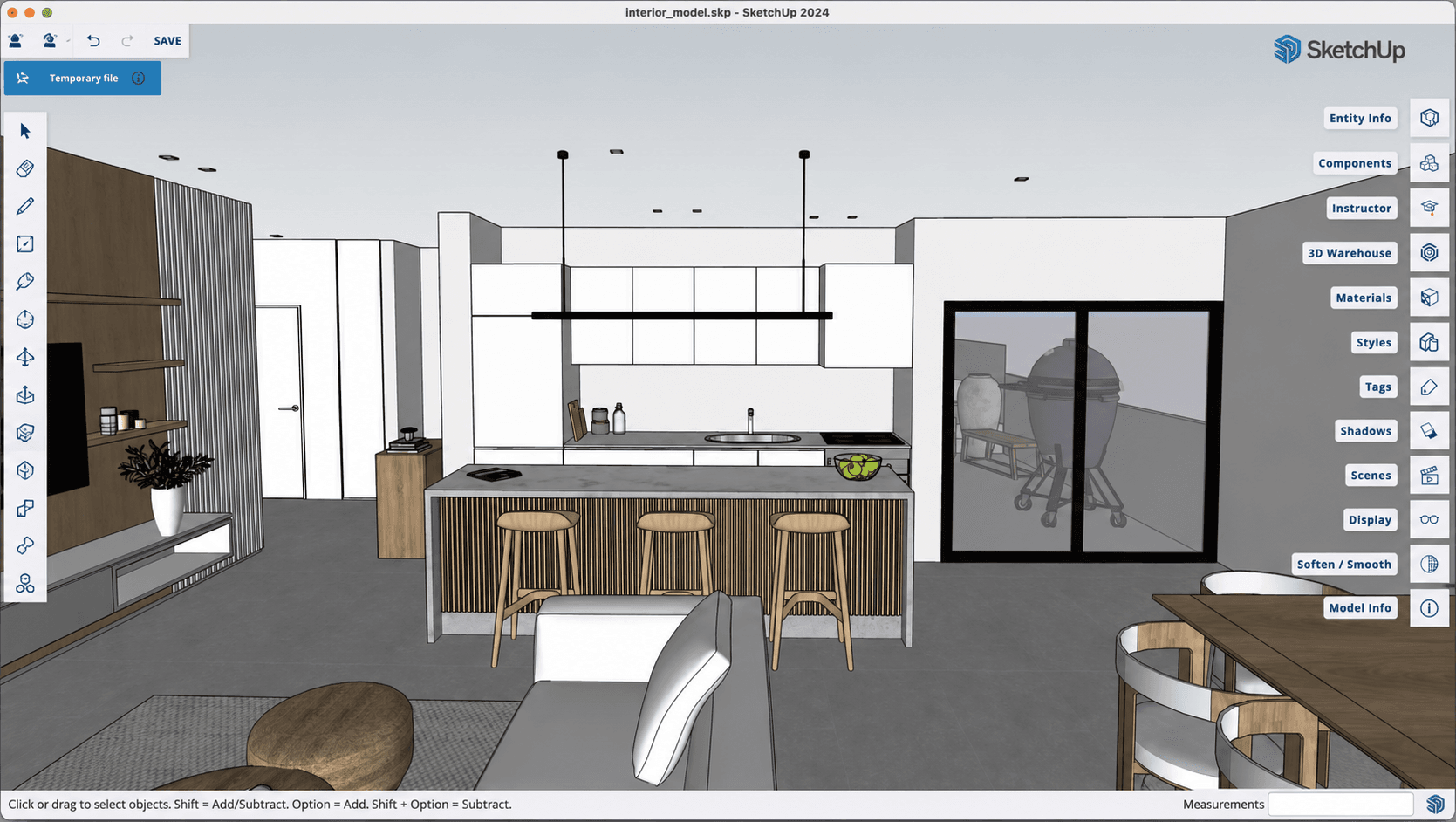 SketchUp 3D viewport with an architectural model ready to render