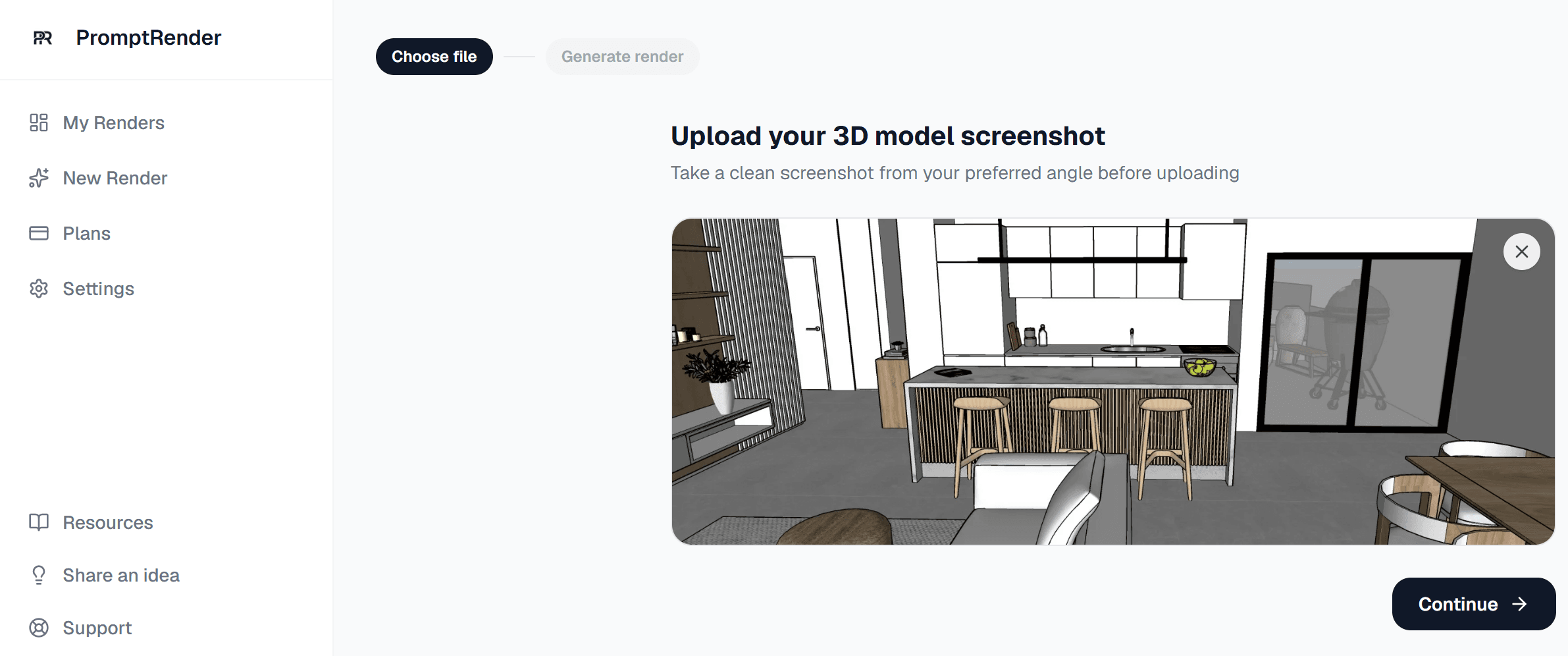 PromptRender upload interface showing render configuration options