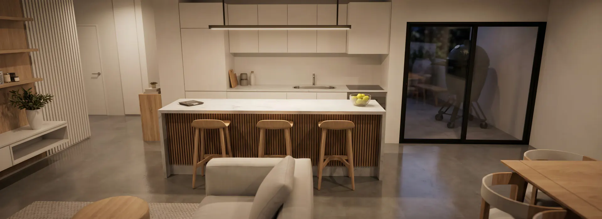 Photorealistic architectural render generated from a SketchUp screenshot